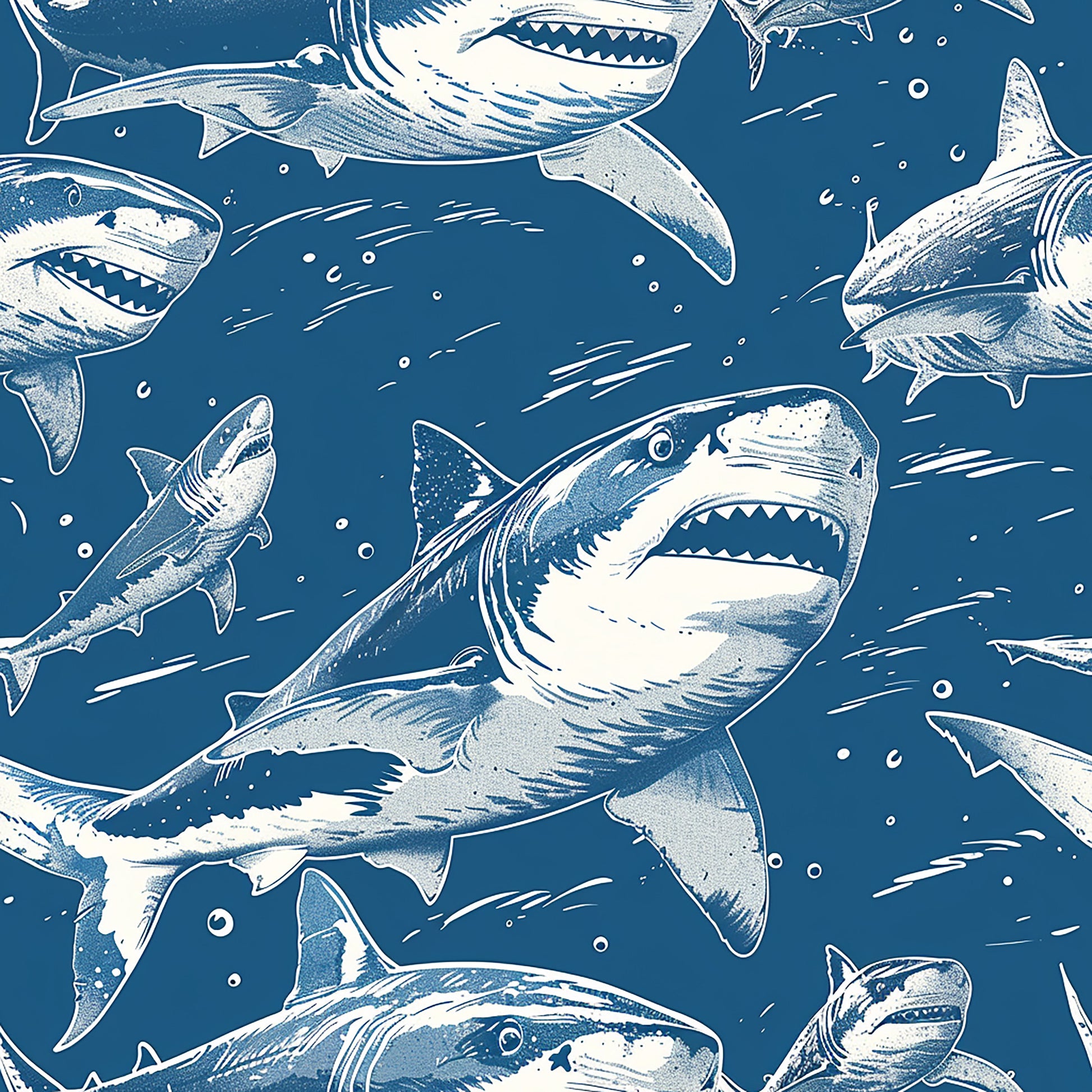 blue, navy, white, sharks, marine life, ocean, underwater, swimming, circling, repetitive pattern, sea creatures, predators, nautical, aquatic, quilting cotton, fabric panel, sketched style, illustrated, water bubbles, fins, teeth