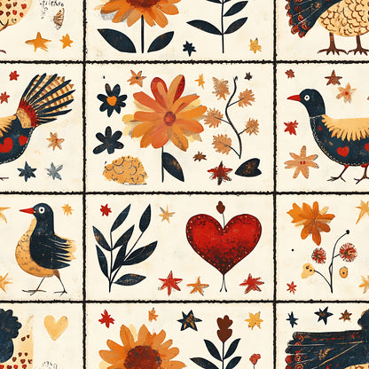 autumn colors, folk art, birds, flowers, hearts, leaves, orange, navy blue, cream, red, quilting cotton, fabric panel, botanical motifs, floral designs, rustic style, country charm, seasonal elements, block pattern, decorative squares, nature inspired