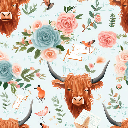 Handdrawn Highland Cows Pattern 8 Quilting Cotton Fabric