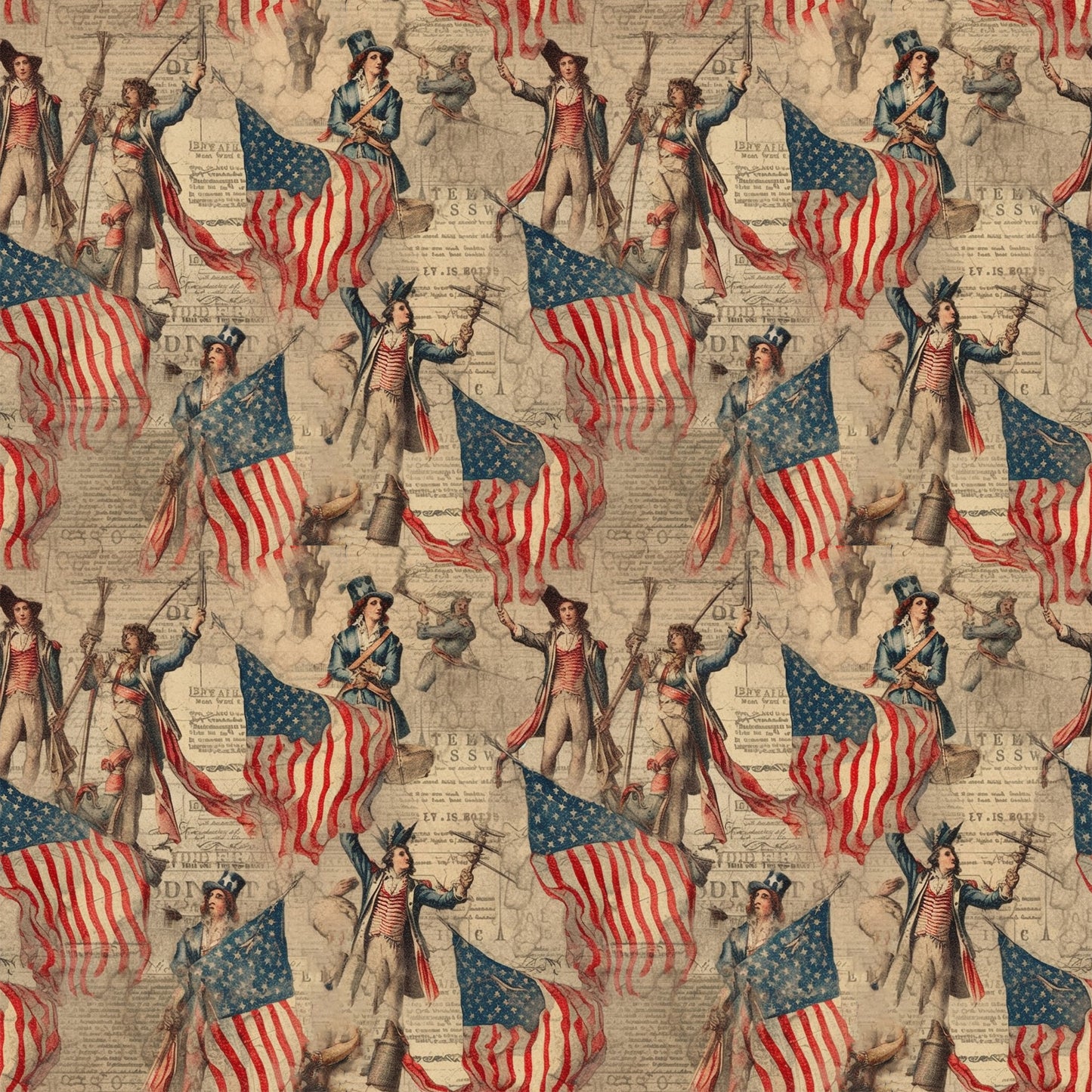 red, white, blue, patriotic soldiers, colonial figures, american flags, stars and stripes, vintage illustrations, historical theme, revolutionary war, military uniforms, flag bearers, repeating pattern, quilting cotton, fabric panel, americana motif, beige background, period costumes, drumming soldiers, marching band