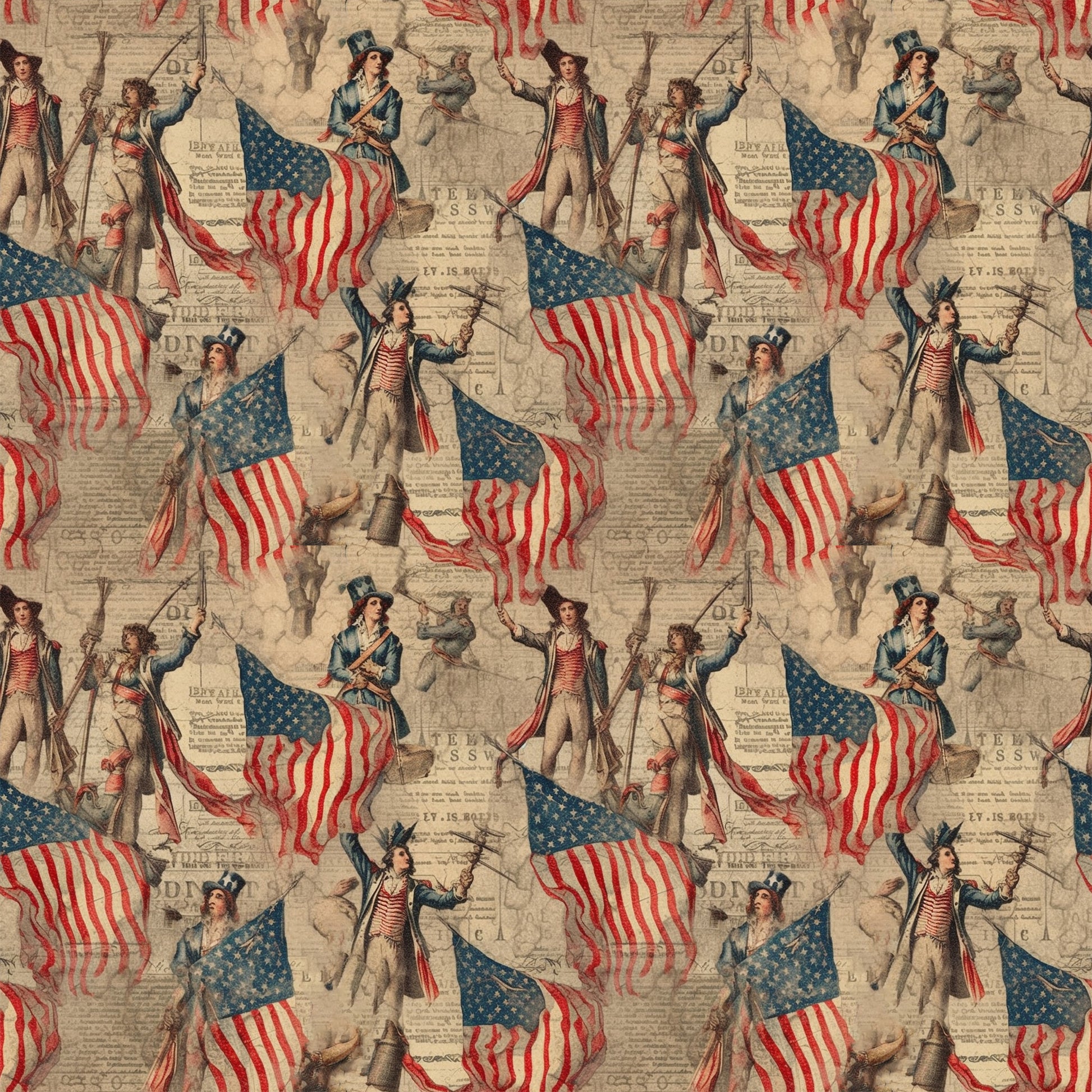 red, white, blue, patriotic soldiers, colonial figures, american flags, stars and stripes, vintage illustrations, historical theme, revolutionary war, military uniforms, flag bearers, repeating pattern, quilting cotton, fabric panel, americana motif, beige background, period costumes, drumming soldiers, marching band