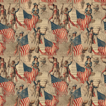 red, white, blue, patriotic soldiers, colonial figures, american flags, stars and stripes, vintage illustrations, historical theme, revolutionary war, military uniforms, flag bearers, repeating pattern, quilting cotton, fabric panel, americana motif, beige background, period costumes, drumming soldiers, marching band