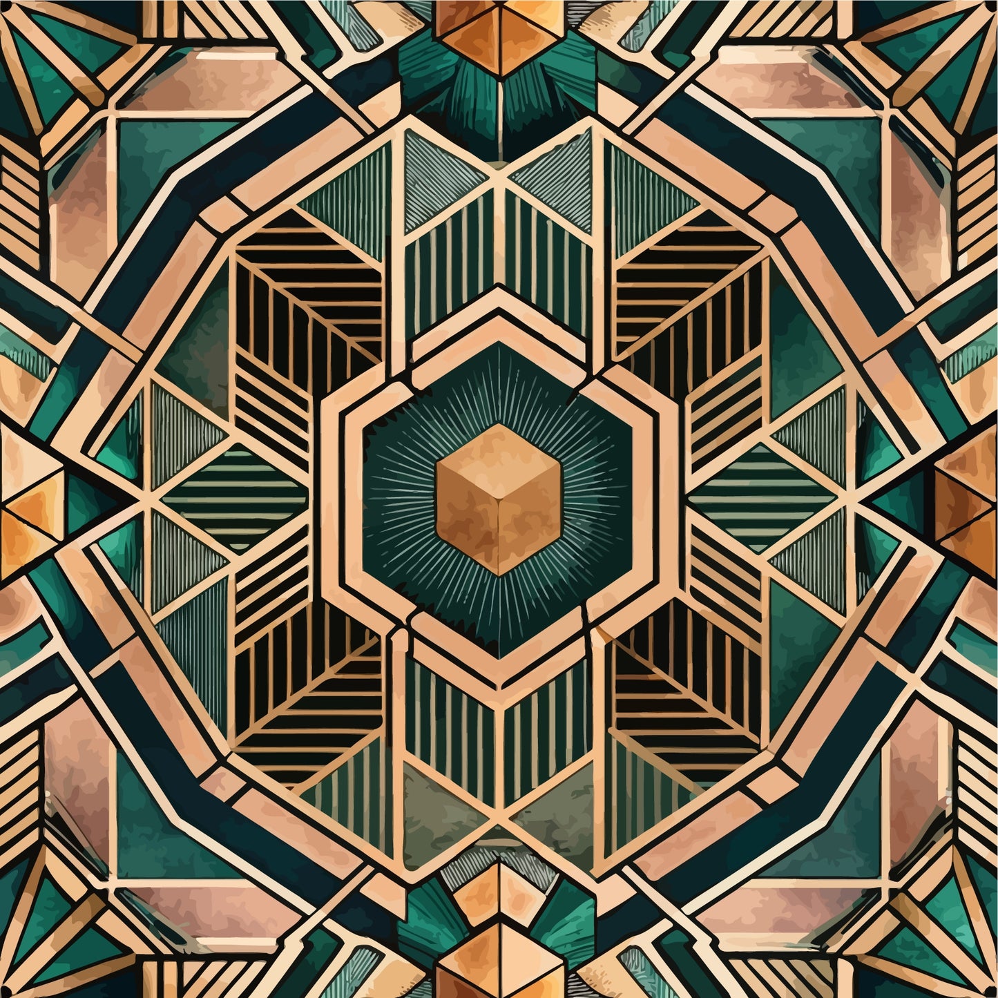 emerald green, copper bronze, geometric mandala, art deco style, hexagonal center, radiating lines, symmetrical pattern, metallic accents, quilting cotton, fabric panel, angular shapes, vintage inspired, jewel tones, ornate design, kaleidoscope effect, architectural motifs, luxury aesthetic, intricate geometry
