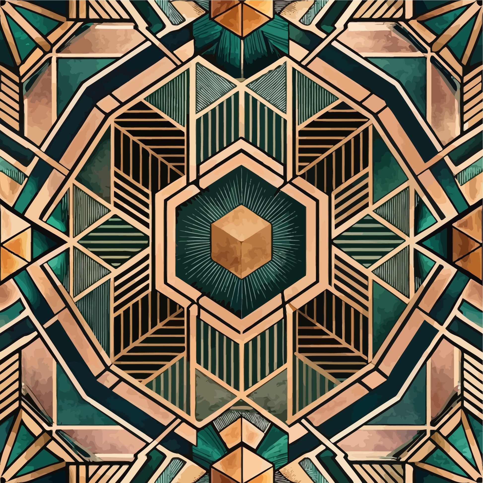 emerald green, copper bronze, geometric mandala, art deco style, hexagonal center, radiating lines, symmetrical pattern, metallic accents, quilting cotton, fabric panel, angular shapes, vintage inspired, jewel tones, ornate design, kaleidoscope effect, architectural motifs, luxury aesthetic, intricate geometry
