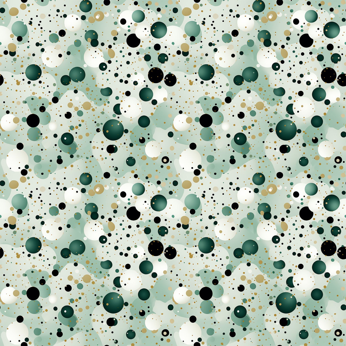 sage green, forest green, black, white, tan, beige, polka dots, confetti pattern, scattered circles, geometric design, modern abstract, contemporary style, quilting cotton, fabric panel, random dots, bubble pattern, neutral tones, earth colors, scattered motifs, playful design