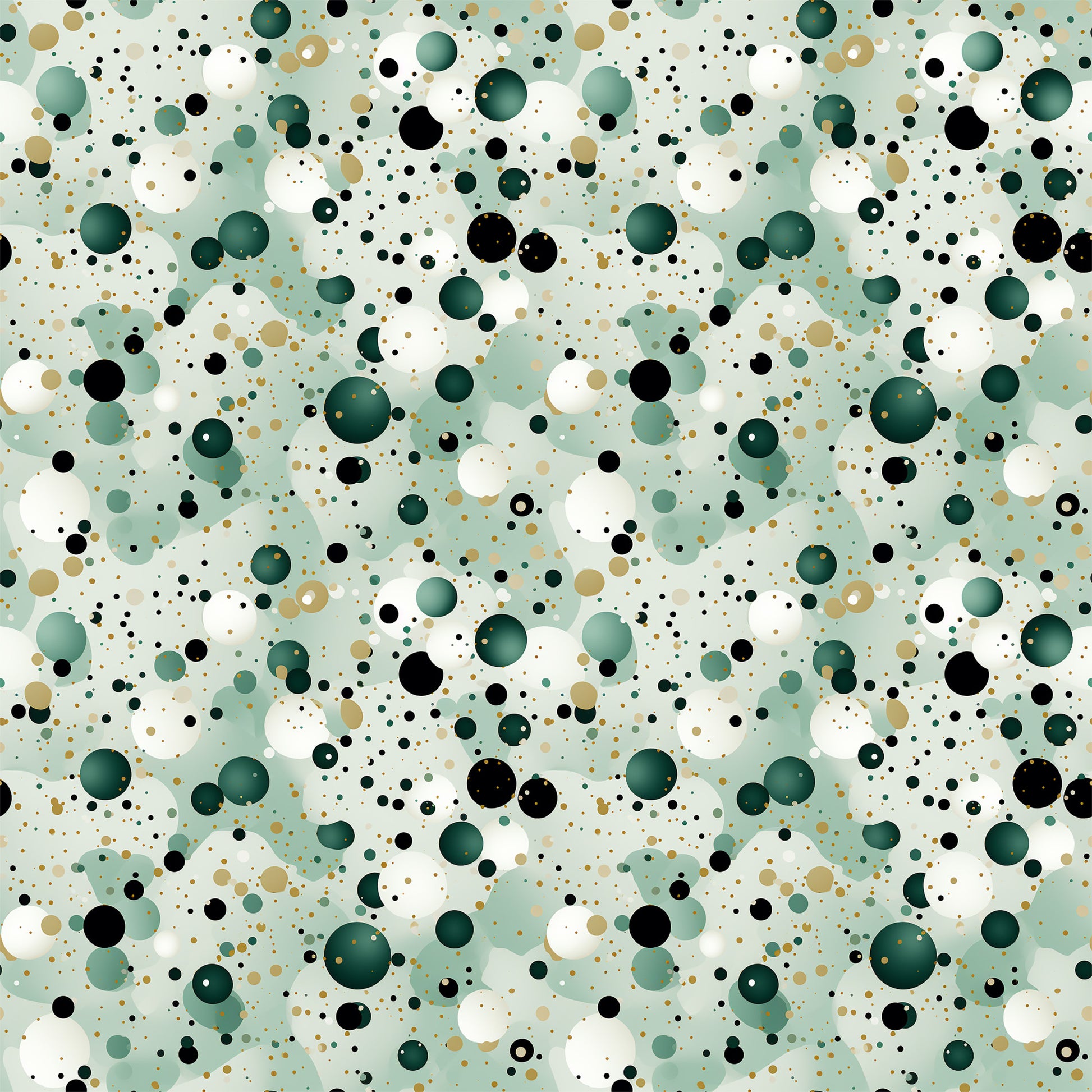 sage green, forest green, black, white, tan, beige, polka dots, confetti pattern, scattered circles, geometric design, modern abstract, contemporary style, quilting cotton, fabric panel, random dots, bubble pattern, neutral tones, earth colors, scattered motifs, playful design
