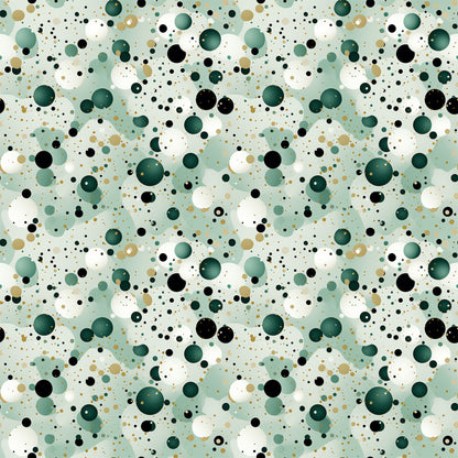 sage green, forest green, black, white, tan, beige, polka dots, confetti pattern, scattered circles, geometric design, modern abstract, contemporary style, quilting cotton, fabric panel, random dots, bubble pattern, neutral tones, earth colors, scattered motifs, playful design