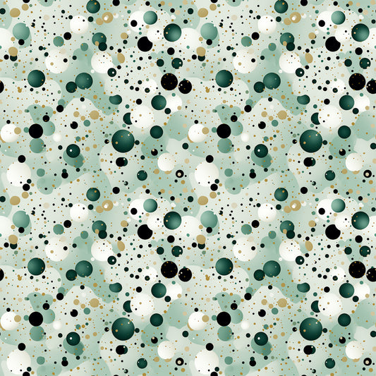 sage green, forest green, black, white, tan, beige, polka dots, confetti pattern, scattered circles, geometric design, modern abstract, contemporary style, quilting cotton, fabric panel, random dots, bubble pattern, neutral tones, earth colors, scattered motifs, playful design
