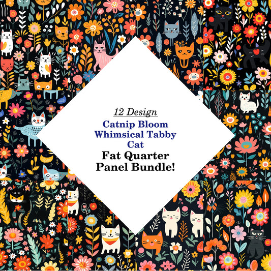 Catnip Bloom Whimsical Tabby Cat Fat Quarter Bundle