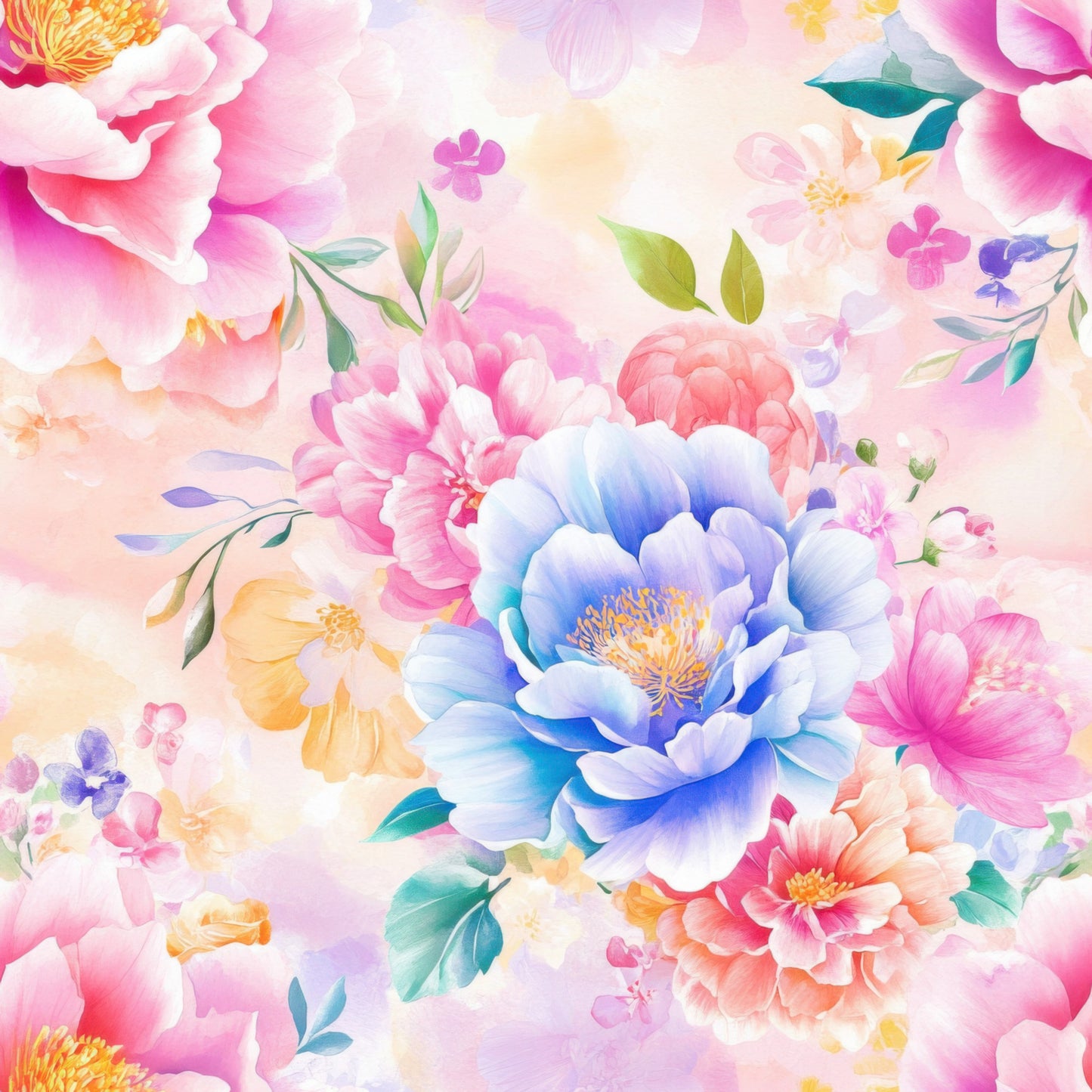japanese floral, watercolor style, pink flowers, blue peony, coral blooms, yellow stamens, green leaves, pastel colors, soft pastels, floral pattern, botanical design, delicate flowers, dreamy aesthetic, quilting cotton, fabric panel, spring florals, romantic florals, layered petals, artistic blooms, feminine design