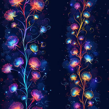 midnight blue, navy background, colorful dandelions, gradient flowers, pink blooms, orange petals, blue florals, purple flowers, yellow accents, starry night, cosmic pattern, whimsical design, botanical motifs, seed heads, flowing stems, dreamy atmosphere, quilting cotton, fabric panel, night sky, celestial elements