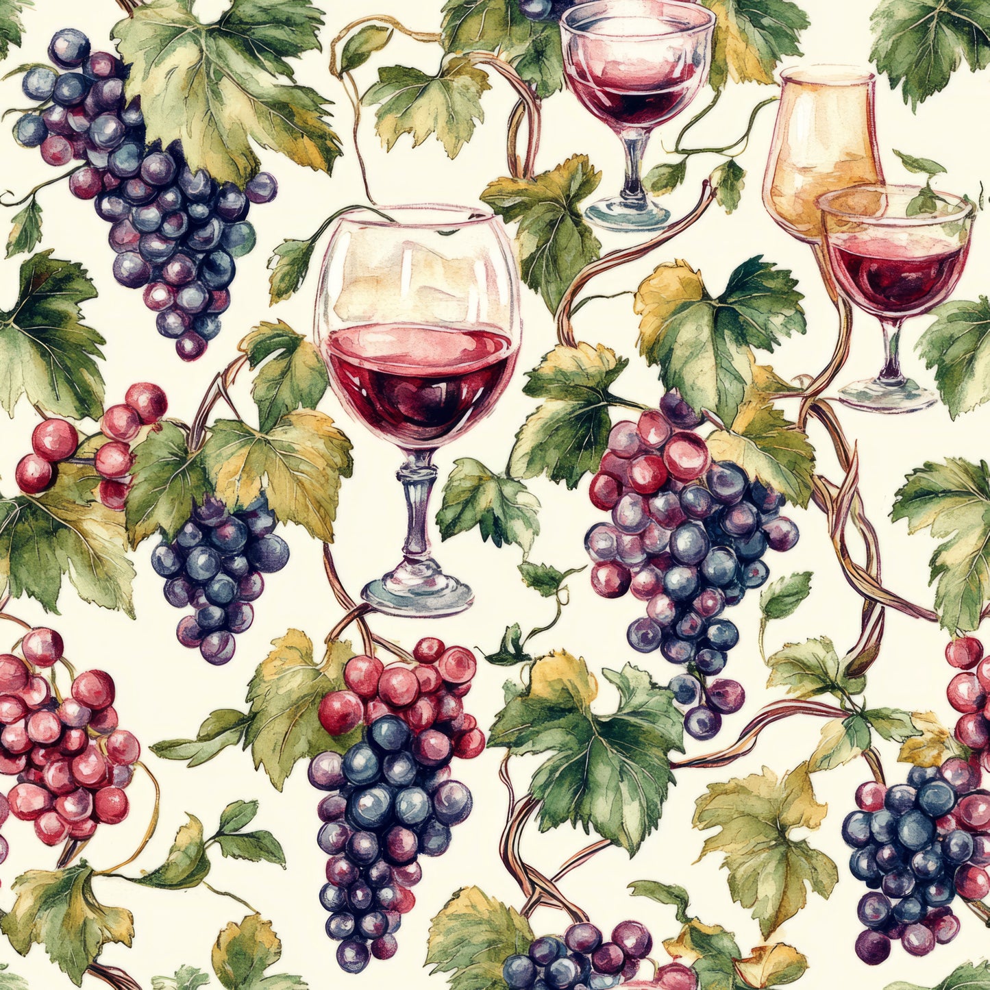 burgundy, deep purple, forest green, cream background, watercolor style, wine glasses, grape clusters, vineyard leaves, grapevines, botanical pattern, quilting cotton, fabric panel, wine theme, autumn colors, repeating pattern, elegant design, viticulture motif, harvest scene, artistic illustration, seamless repeat