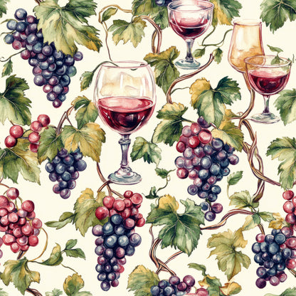 burgundy, deep purple, forest green, cream background, watercolor style, wine glasses, grape clusters, vineyard leaves, grapevines, botanical pattern, quilting cotton, fabric panel, wine theme, autumn colors, repeating pattern, elegant design, viticulture motif, harvest scene, artistic illustration, seamless repeat