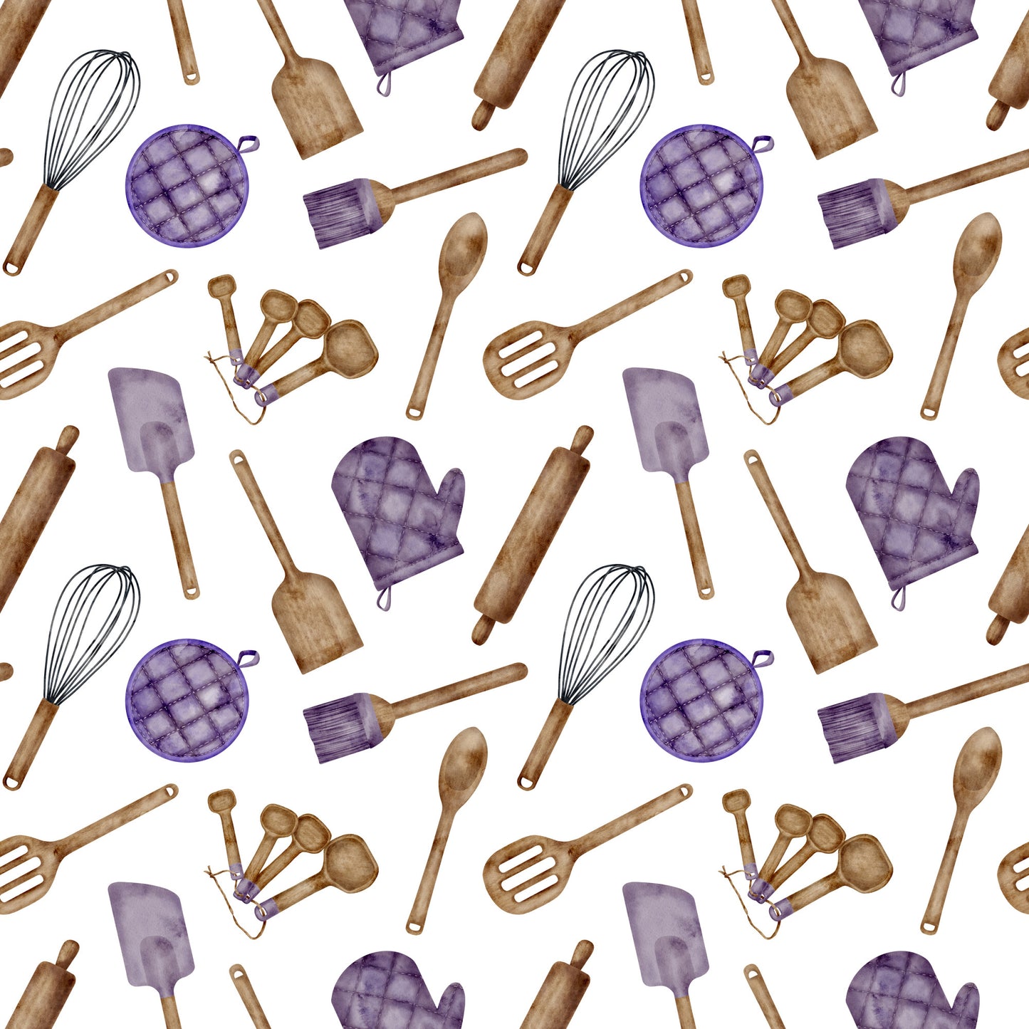 watercolor, baking pattern, kitchen utensils, purple accents, brown wooden tools, quilting cotton, fabric panel, cooking theme, whisk, rolling pin, measuring spoons, oven mitt, spatula, pastry brush, culinary design, repeating pattern, hand-painted style, chef accessories, baking tools, soft colors