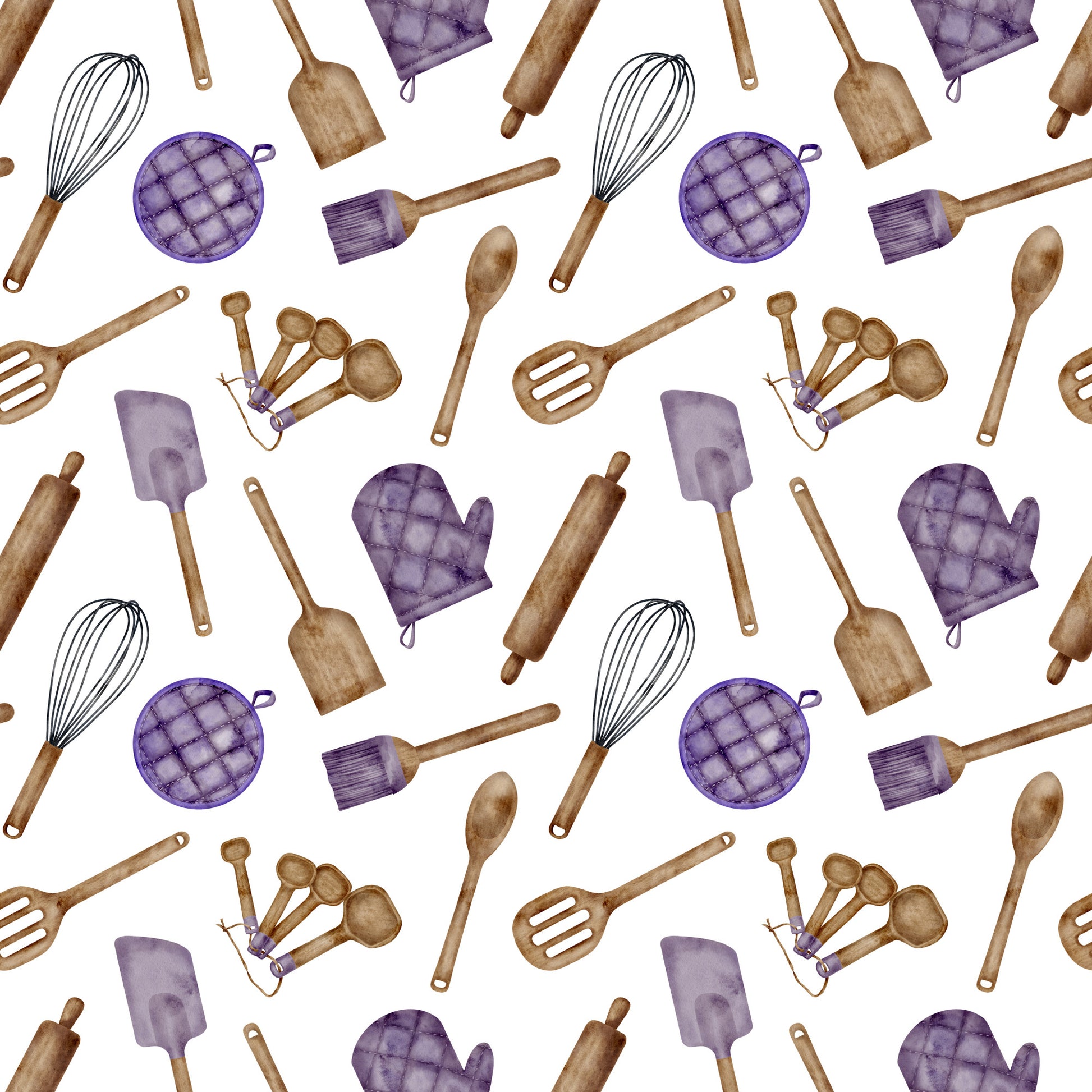 watercolor, baking pattern, kitchen utensils, purple accents, brown wooden tools, quilting cotton, fabric panel, cooking theme, whisk, rolling pin, measuring spoons, oven mitt, spatula, pastry brush, culinary design, repeating pattern, hand-painted style, chef accessories, baking tools, soft colors