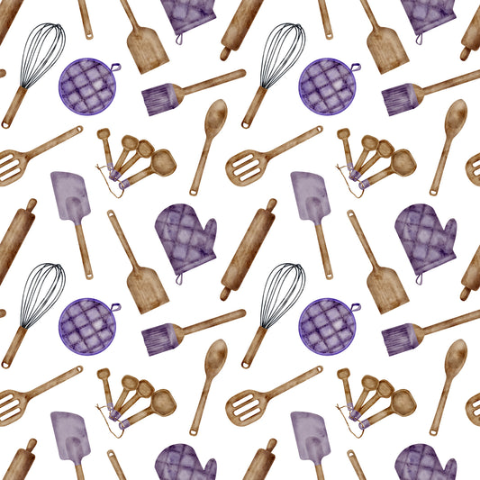watercolor, baking pattern, kitchen utensils, purple accents, brown wooden tools, quilting cotton, fabric panel, cooking theme, whisk, rolling pin, measuring spoons, oven mitt, spatula, pastry brush, culinary design, repeating pattern, hand-painted style, chef accessories, baking tools, soft colors