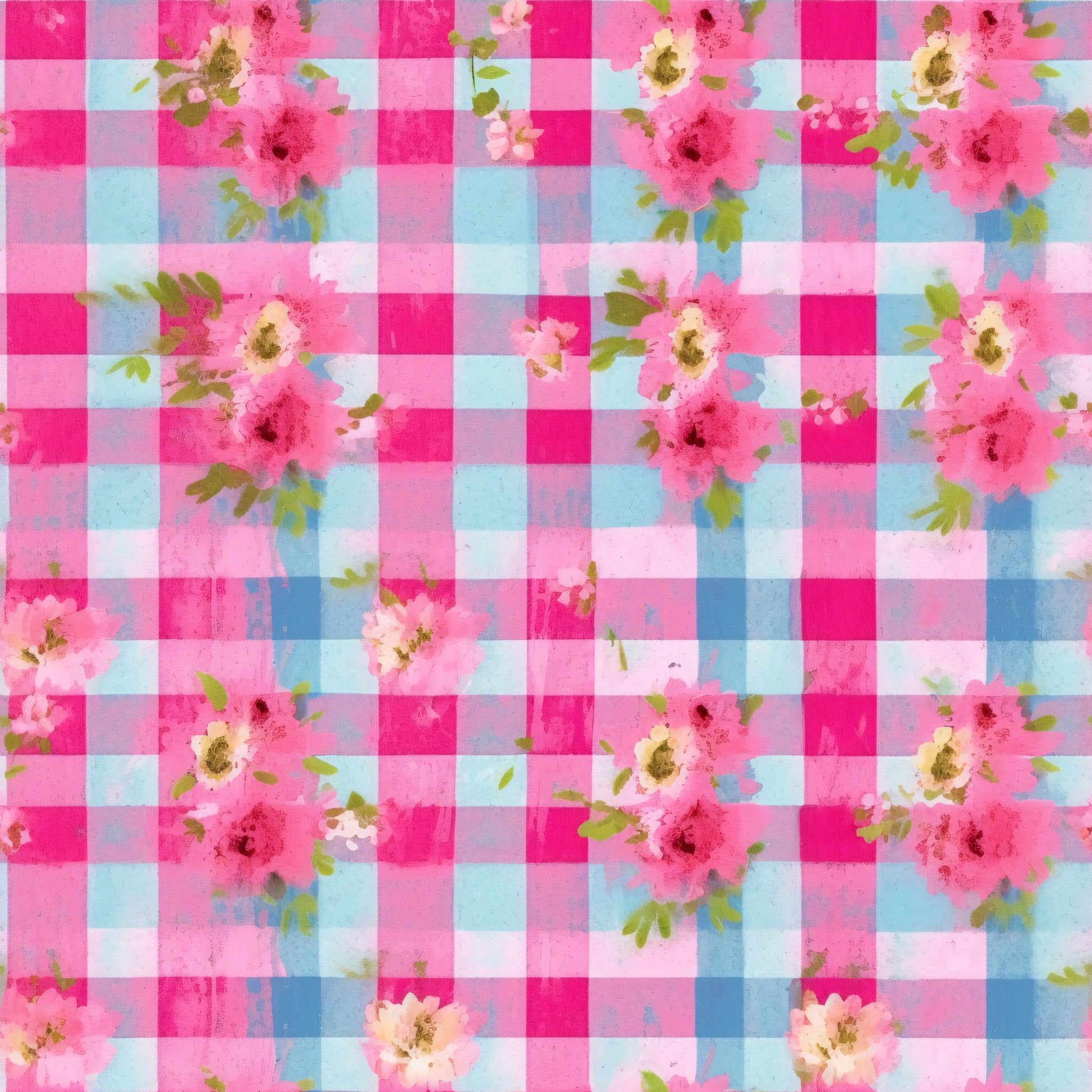 pink, fuchsia, blue, white, plaid pattern, gingham, checkered, floral motifs, roses, flowers, green leaves, watercolor style, feminine, country style, quilting cotton, fabric panel, cottage core, romantic, soft pastels, shabby chic