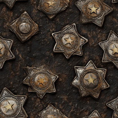 bronze, copper, gold, sheriff badges, star badges, western badges, metallic finish, vintage patina, weathered metal, law enforcement, old west, cowboy theme, quilting cotton, fabric panel, rustic texture, antique brass, tarnished metal, badge collection, frontier style, western americana