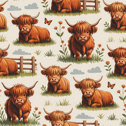Cartoon Highland Cows Pattern 14 Quilting Cotton Fabric