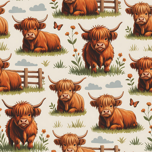 Cartoon Highland Cows Pattern 14 Quilting Cotton Fabric