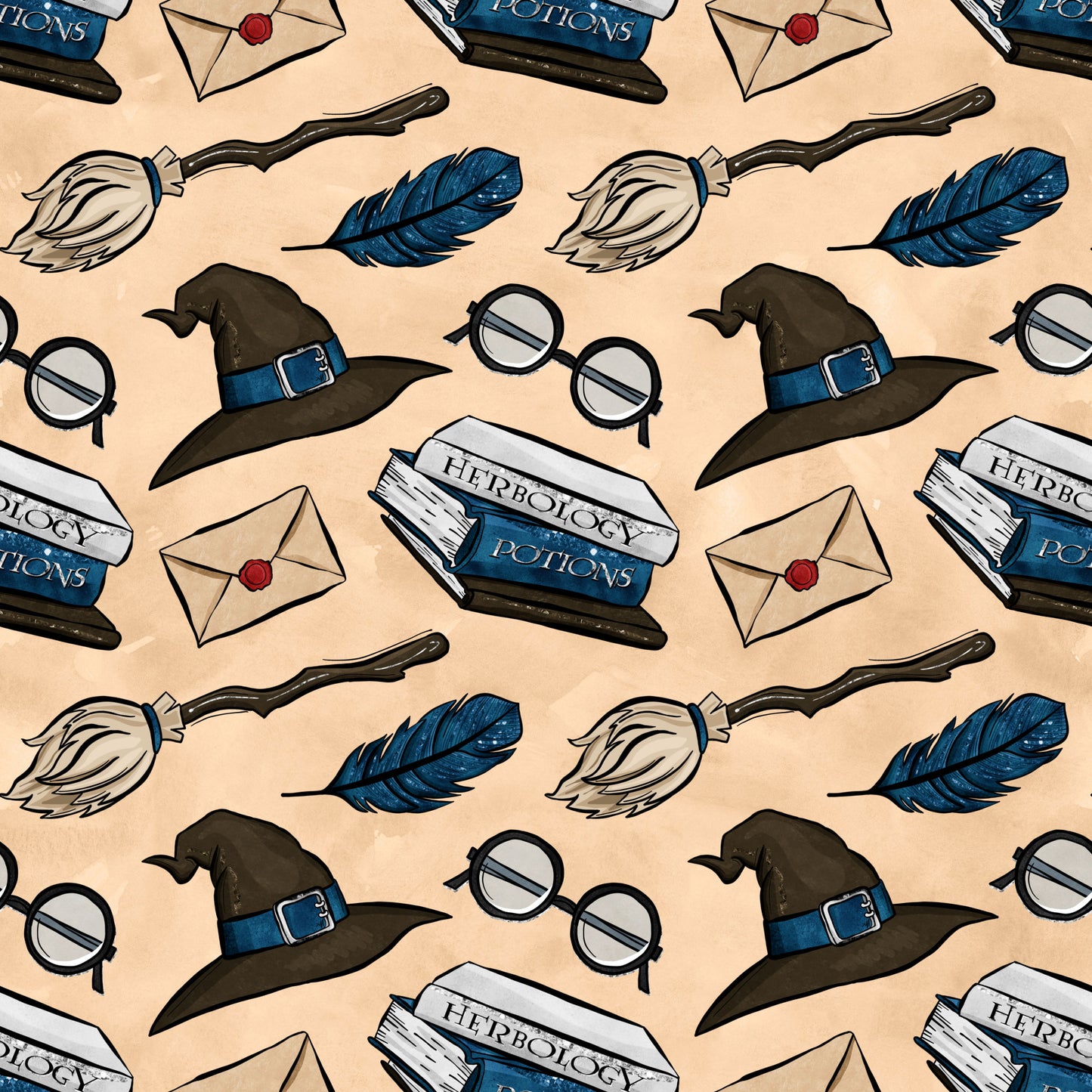 wizard themed, magic school, witch hat, round glasses, feather quill, potion bottles, herbology, envelope, wax seal, broomstick, blue feather, brown hat, beige background, repeating pattern, quilting cotton, fabric panel, magical elements, school supplies, fantasy motifs, scattered design