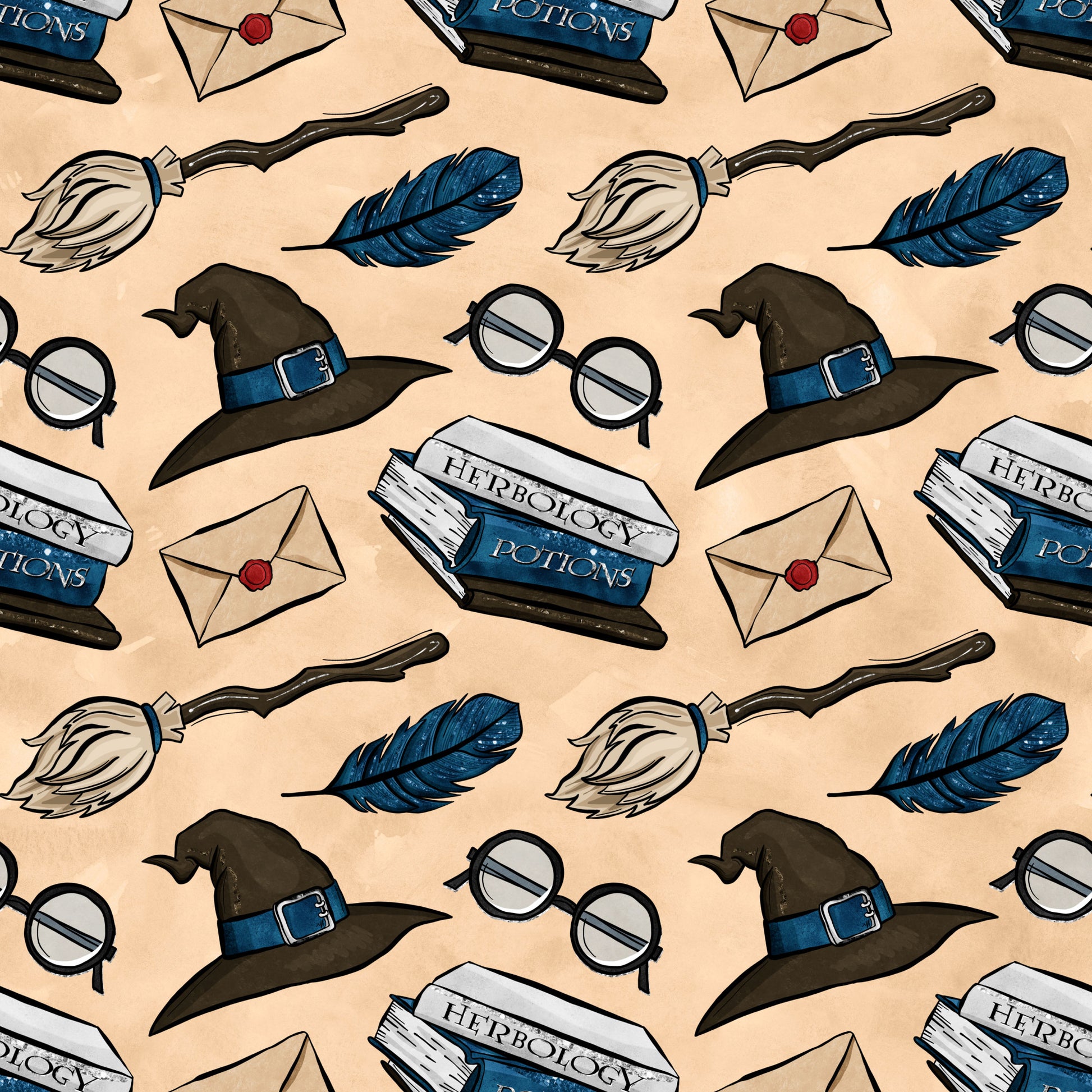 wizard themed, magic school, witch hat, round glasses, feather quill, potion bottles, herbology, envelope, wax seal, broomstick, blue feather, brown hat, beige background, repeating pattern, quilting cotton, fabric panel, magical elements, school supplies, fantasy motifs, scattered design