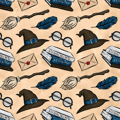 wizard themed, magic school, witch hat, round glasses, feather quill, potion bottles, herbology, envelope, wax seal, broomstick, blue feather, brown hat, beige background, repeating pattern, quilting cotton, fabric panel, magical elements, school supplies, fantasy motifs, scattered design