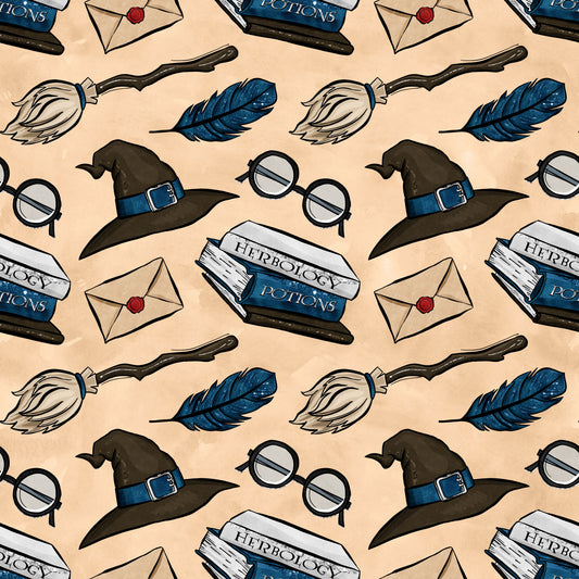 wizard themed, magic school, witch hat, round glasses, feather quill, potion bottles, herbology, envelope, wax seal, broomstick, blue feather, brown hat, beige background, repeating pattern, quilting cotton, fabric panel, magical elements, school supplies, fantasy motifs, scattered design