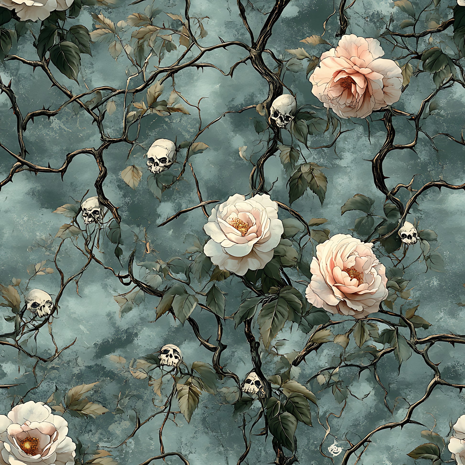 sage green, dusty blue, cream roses, pale pink flowers, human skulls, thorny vines, bramble branches, gothic botanical, dark romantic, moody floral, quilting cotton, fabric panel, skulls and roses, vintage gothic, muted pastels, botanical illustration, macabre garden, haunting beauty, cotton fabric, spooky floral