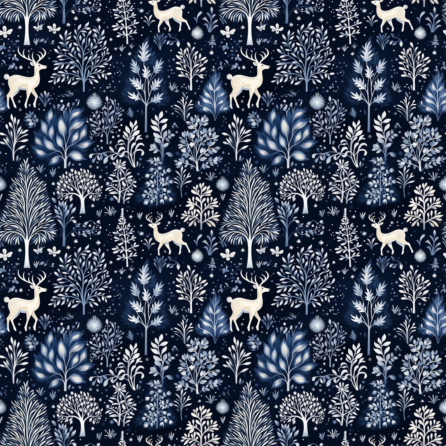 delft blue, navy background, winter forest, deer silhouettes, botanical motifs, folk art style, repeating pattern, quilting cotton, fabric panel, snowflakes, tree branches, nature scene, monochromatic design, scandinavian inspired, winter wonderland, forest animals, decorative foliage, textile design, crafting fabric, seasonal motifs
