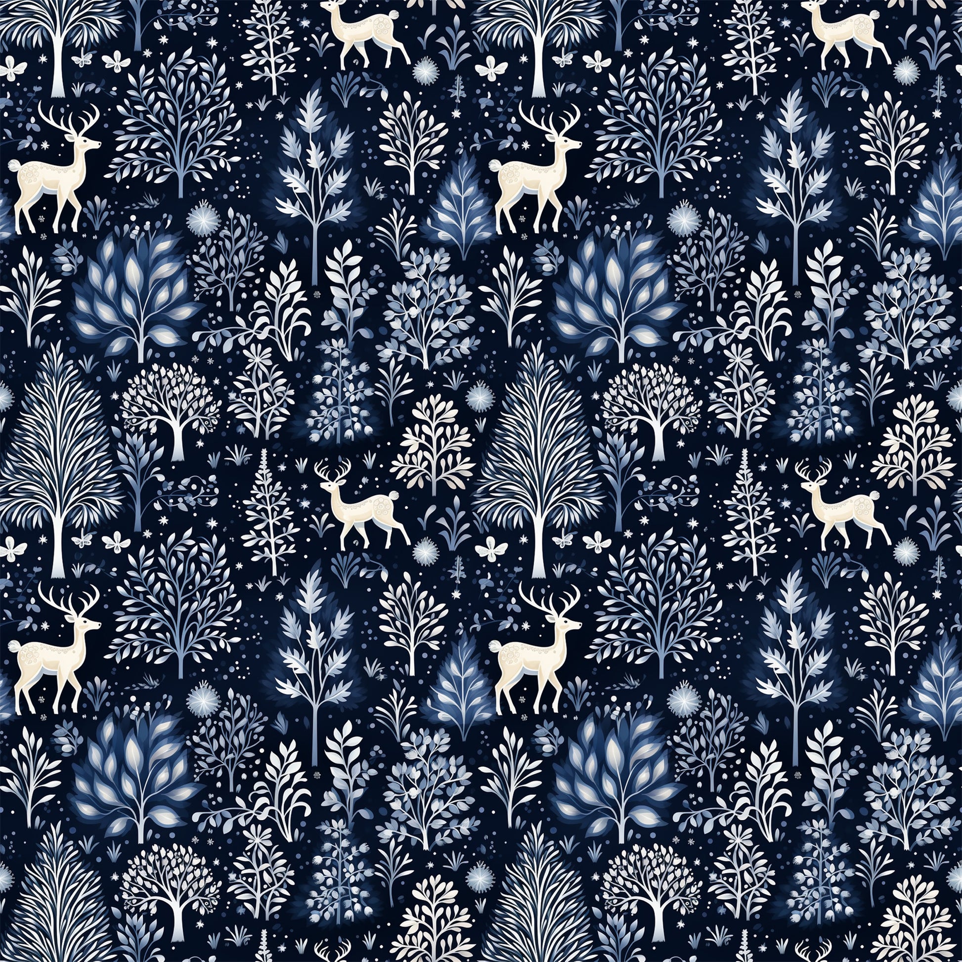 delft blue, navy background, winter forest, deer silhouettes, botanical motifs, folk art style, repeating pattern, quilting cotton, fabric panel, snowflakes, tree branches, nature scene, monochromatic design, scandinavian inspired, winter wonderland, forest animals, decorative foliage, textile design, crafting fabric, seasonal motifs