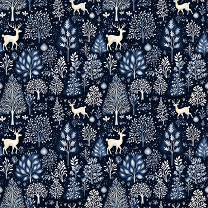 delft blue, navy background, winter forest, deer silhouettes, botanical motifs, folk art style, repeating pattern, quilting cotton, fabric panel, snowflakes, tree branches, nature scene, monochromatic design, scandinavian inspired, winter wonderland, forest animals, decorative foliage, textile design, crafting fabric, seasonal motifs