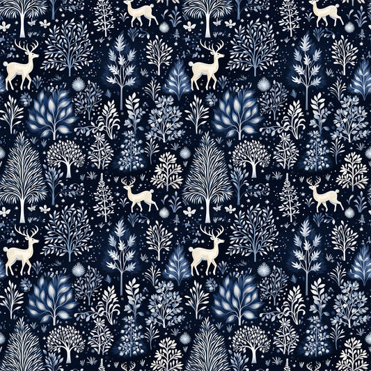 delft blue, navy background, winter forest, deer silhouettes, botanical motifs, folk art style, repeating pattern, quilting cotton, fabric panel, snowflakes, tree branches, nature scene, monochromatic design, scandinavian inspired, winter wonderland, forest animals, decorative foliage, textile design, crafting fabric, seasonal motifs