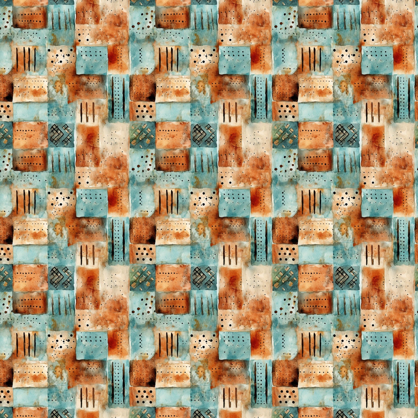 turquoise, rust orange, cream, beige, patchwork squares, geometric patterns, dots, lines, crosshatch designs, weathered texture, distressed look, shabby chic, vintage style, quilting cotton, fabric panel, earthy tones, rustic aesthetic, abstract blocks, repetitive pattern, textured surface
