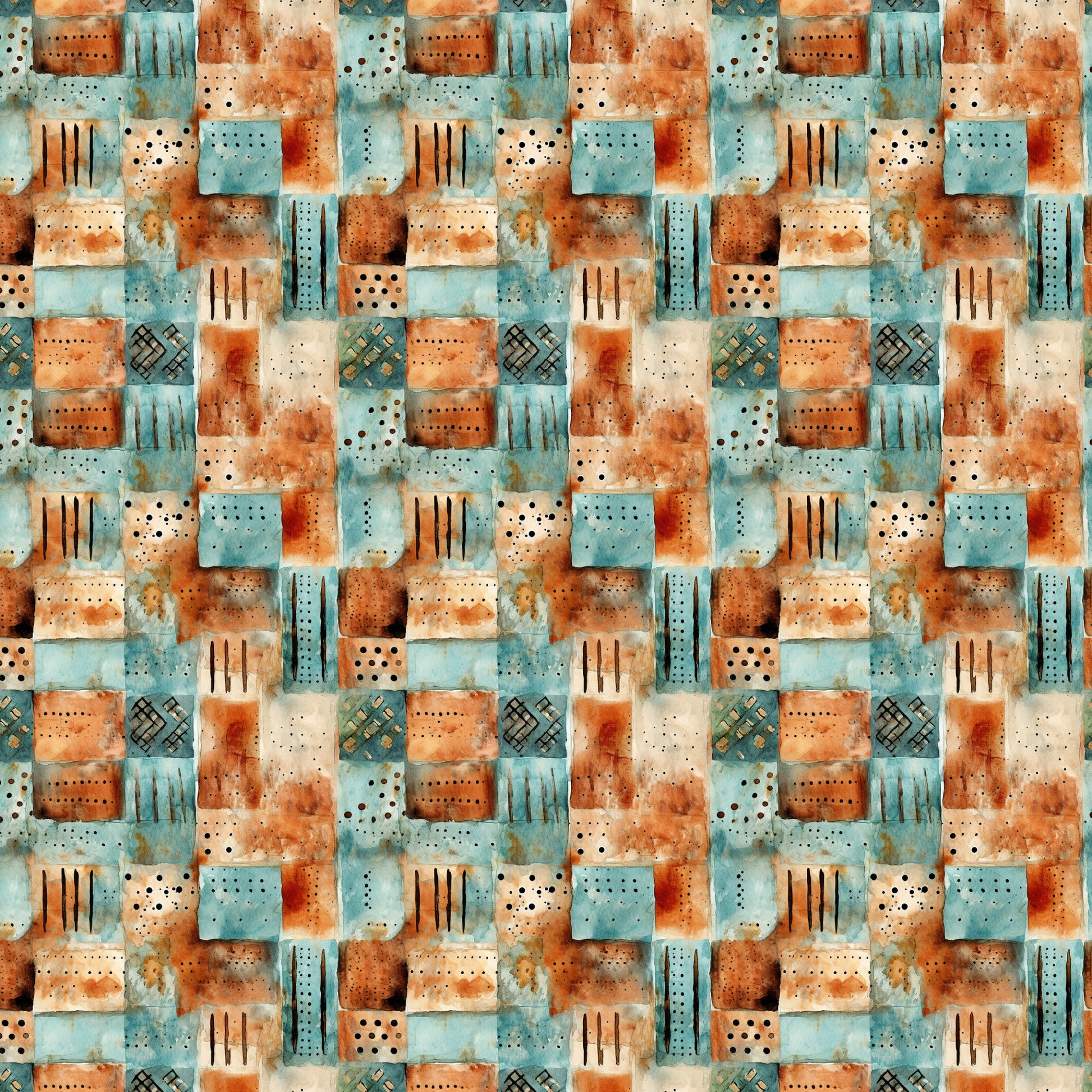turquoise, rust orange, cream, beige, patchwork squares, geometric patterns, dots, lines, crosshatch designs, weathered texture, distressed look, shabby chic, vintage style, quilting cotton, fabric panel, earthy tones, rustic aesthetic, abstract blocks, repetitive pattern, textured surface