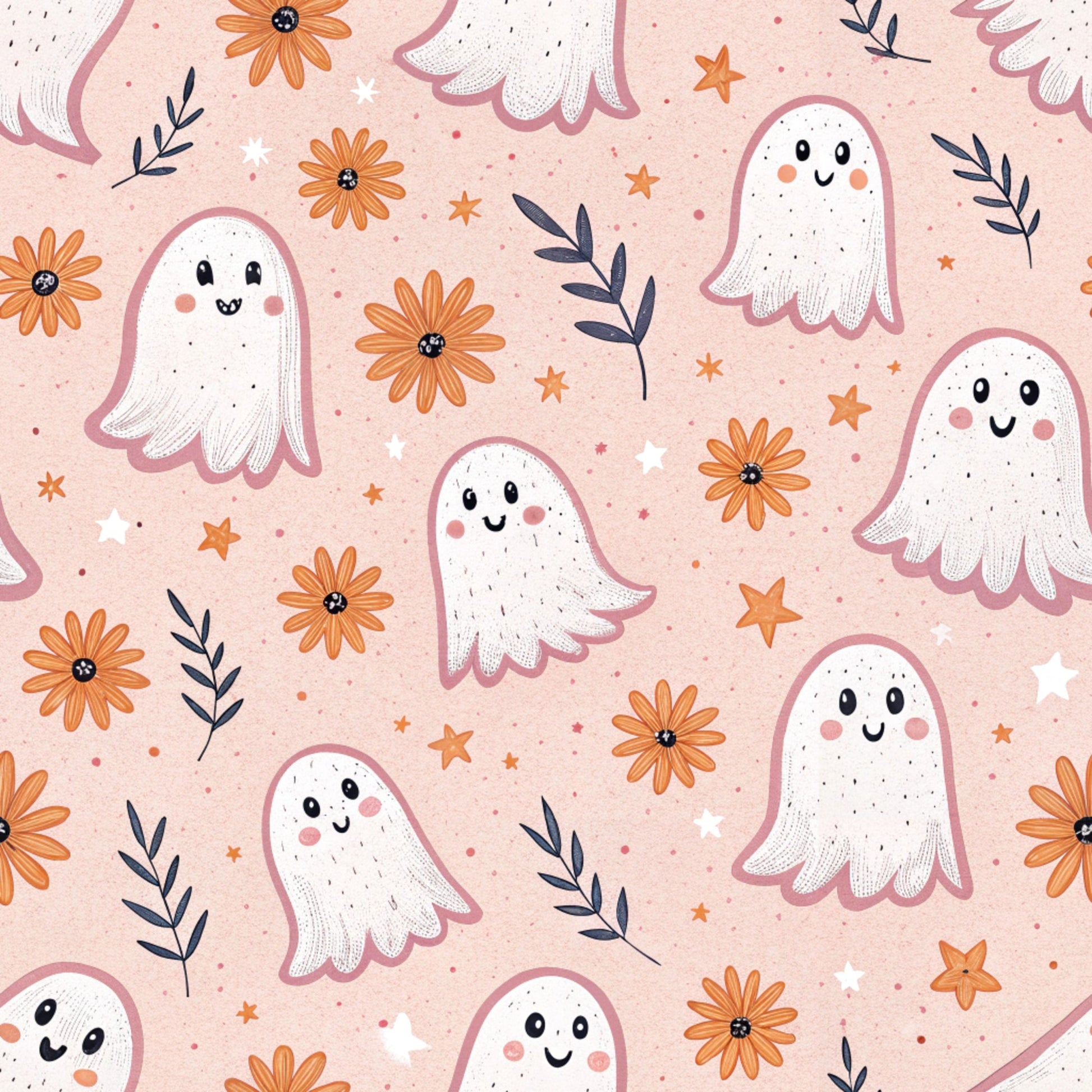 peach background, cute ghosts, orange flowers, navy leaves, white stars, kawaii style, friendly faces, floral motifs, halloween theme, quilting cotton, fabric panel, retro design, pastel colors, whimsical pattern, seasonal motifs, blush pink, autumn elements, cheerful ghosts, repeating pattern