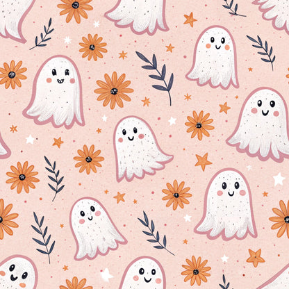 peach background, cute ghosts, orange flowers, navy leaves, white stars, kawaii style, friendly faces, floral motifs, halloween theme, quilting cotton, fabric panel, retro design, pastel colors, whimsical pattern, seasonal motifs, blush pink, autumn elements, cheerful ghosts, repeating pattern