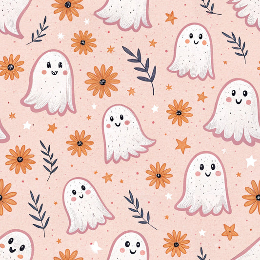 peach background, cute ghosts, orange flowers, navy leaves, white stars, kawaii style, friendly faces, floral motifs, halloween theme, quilting cotton, fabric panel, retro design, pastel colors, whimsical pattern, seasonal motifs, blush pink, autumn elements, cheerful ghosts, repeating pattern