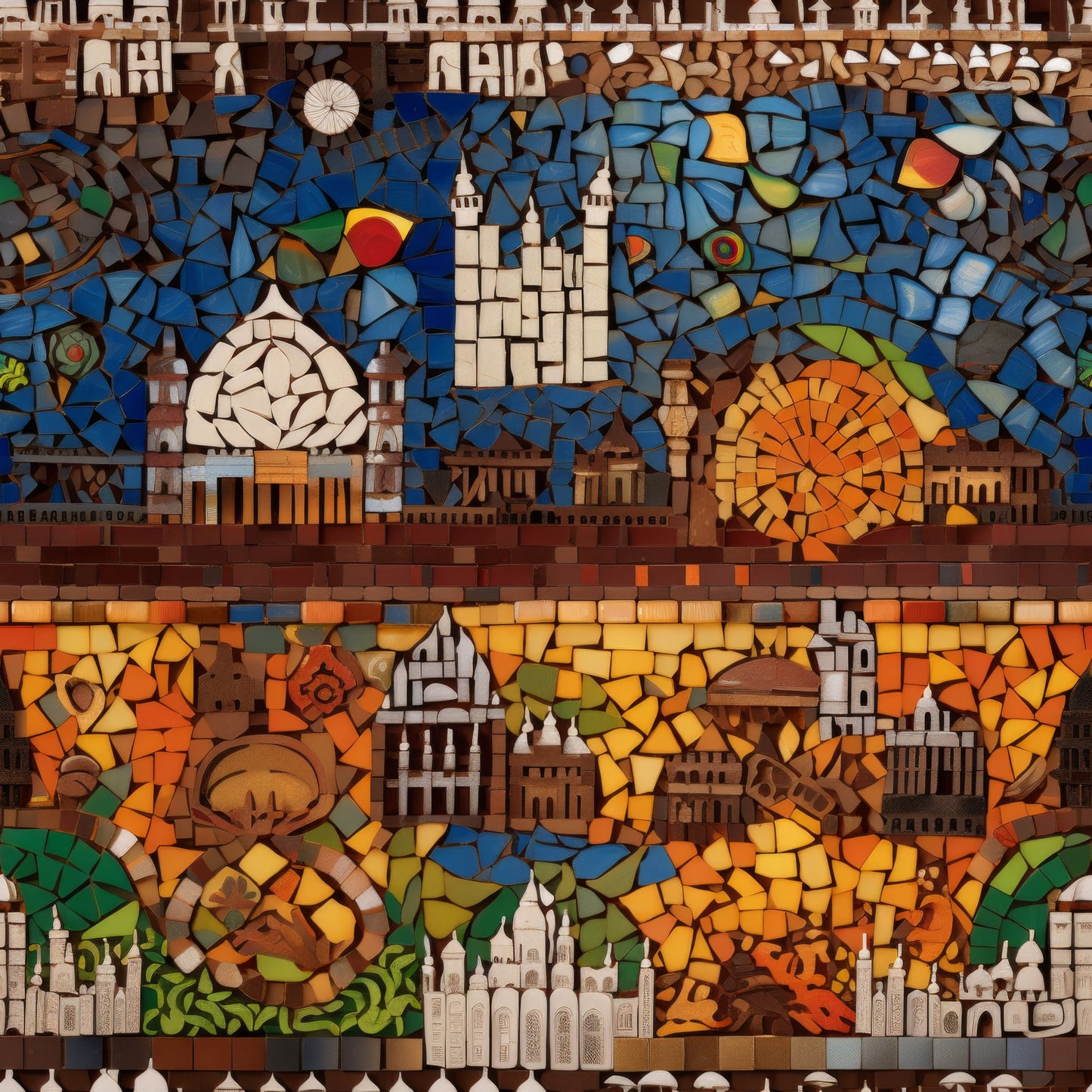mosaic art, quilting cotton, fabric panel, blue tiles, orange tiles, brown tiles, white tiles, architectural buildings, castles, towers, geometric patterns, circular motifs, stained glass style, medieval structures, artistic collage, earthy tones, vibrant blues, warm oranges, tessellated design, decorative buildings