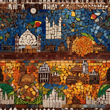 mosaic art, quilting cotton, fabric panel, blue tiles, orange tiles, brown tiles, white tiles, architectural buildings, castles, towers, geometric patterns, circular motifs, stained glass style, medieval structures, artistic collage, earthy tones, vibrant blues, warm oranges, tessellated design, decorative buildings