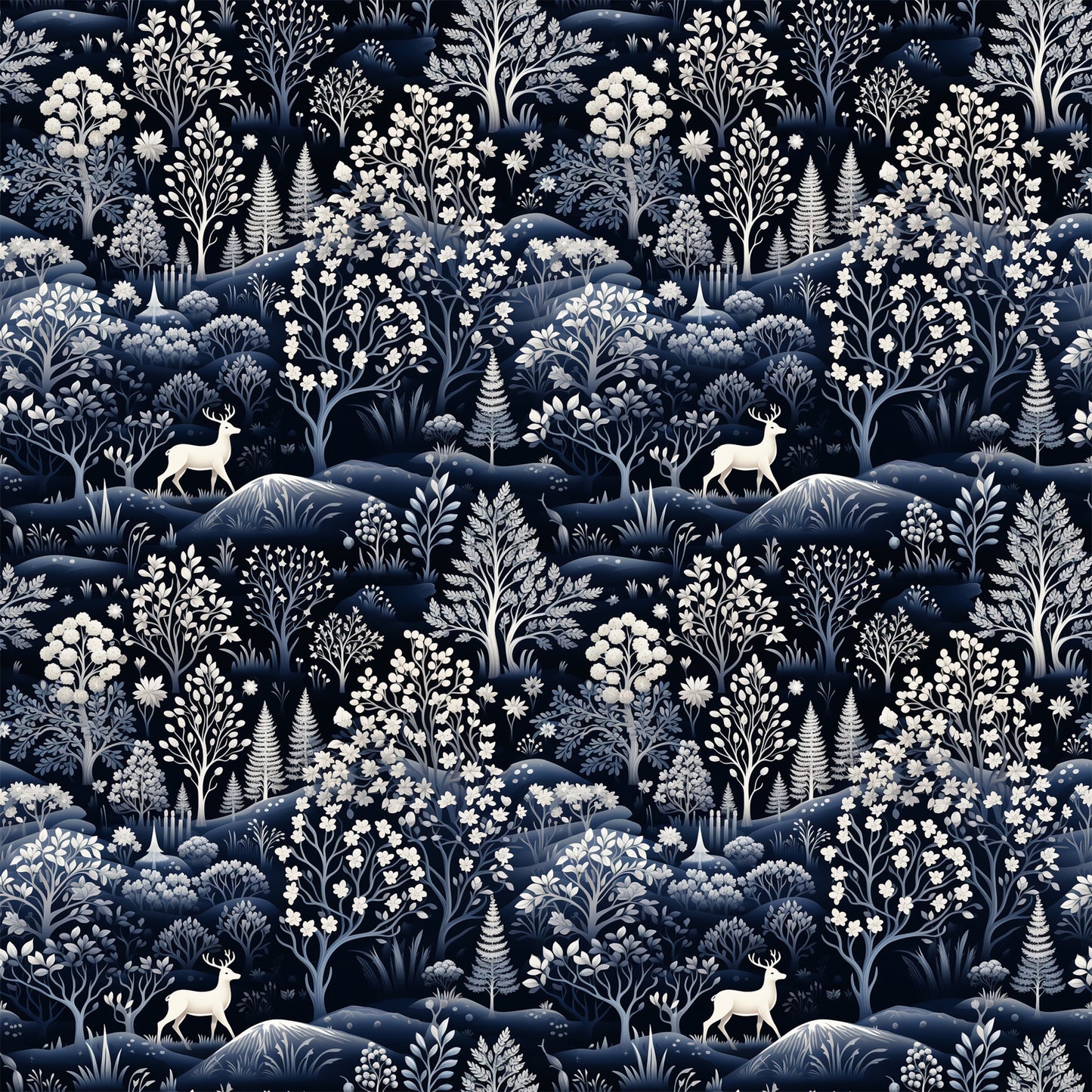 navy blue, white, cream, delft blue, deer, stags, winter forest, botanical motifs, trees, ferns, flowers, hills, landscape pattern, repeating design, monochromatic, serene mood, quilting cotton, fabric panel, winter theme, nature scene