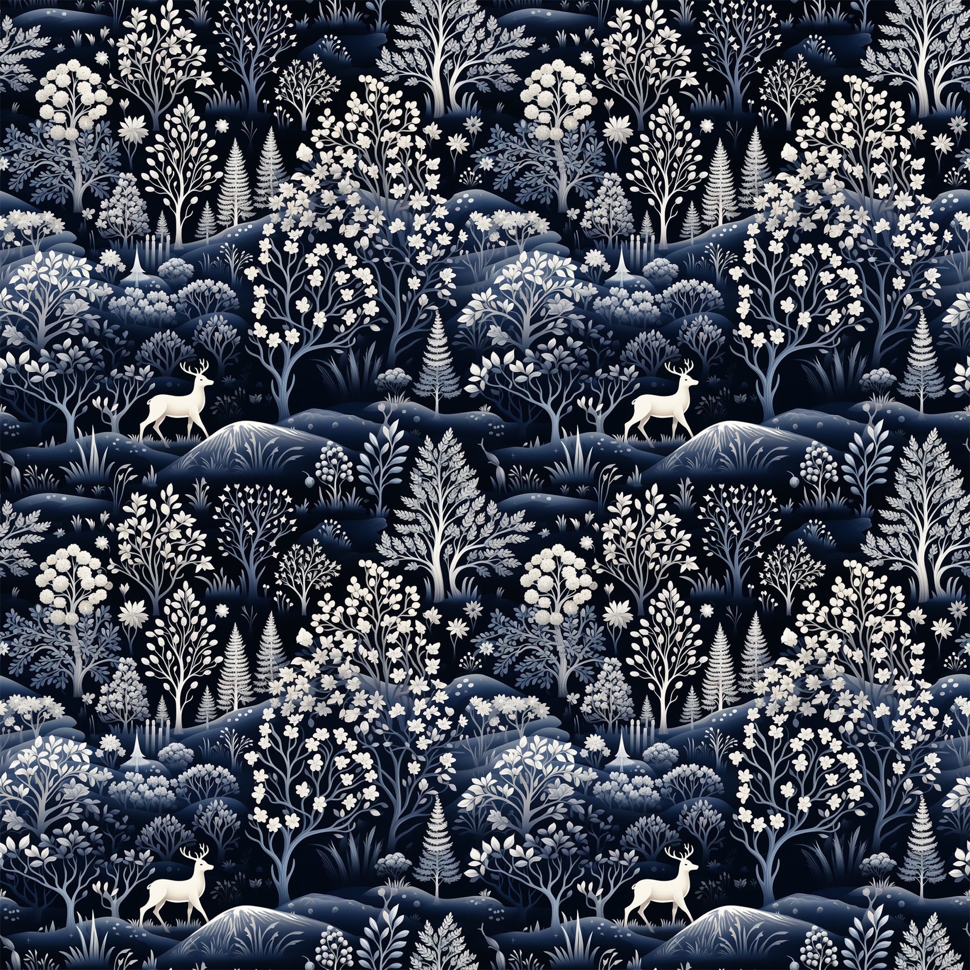 navy blue, white, cream, delft blue, deer, stags, winter forest, botanical motifs, trees, ferns, flowers, hills, landscape pattern, repeating design, monochromatic, serene mood, quilting cotton, fabric panel, winter theme, nature scene