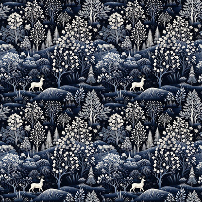 navy blue, white, cream, delft blue, deer, stags, winter forest, botanical motifs, trees, ferns, flowers, hills, landscape pattern, repeating design, monochromatic, serene mood, quilting cotton, fabric panel, winter theme, nature scene
