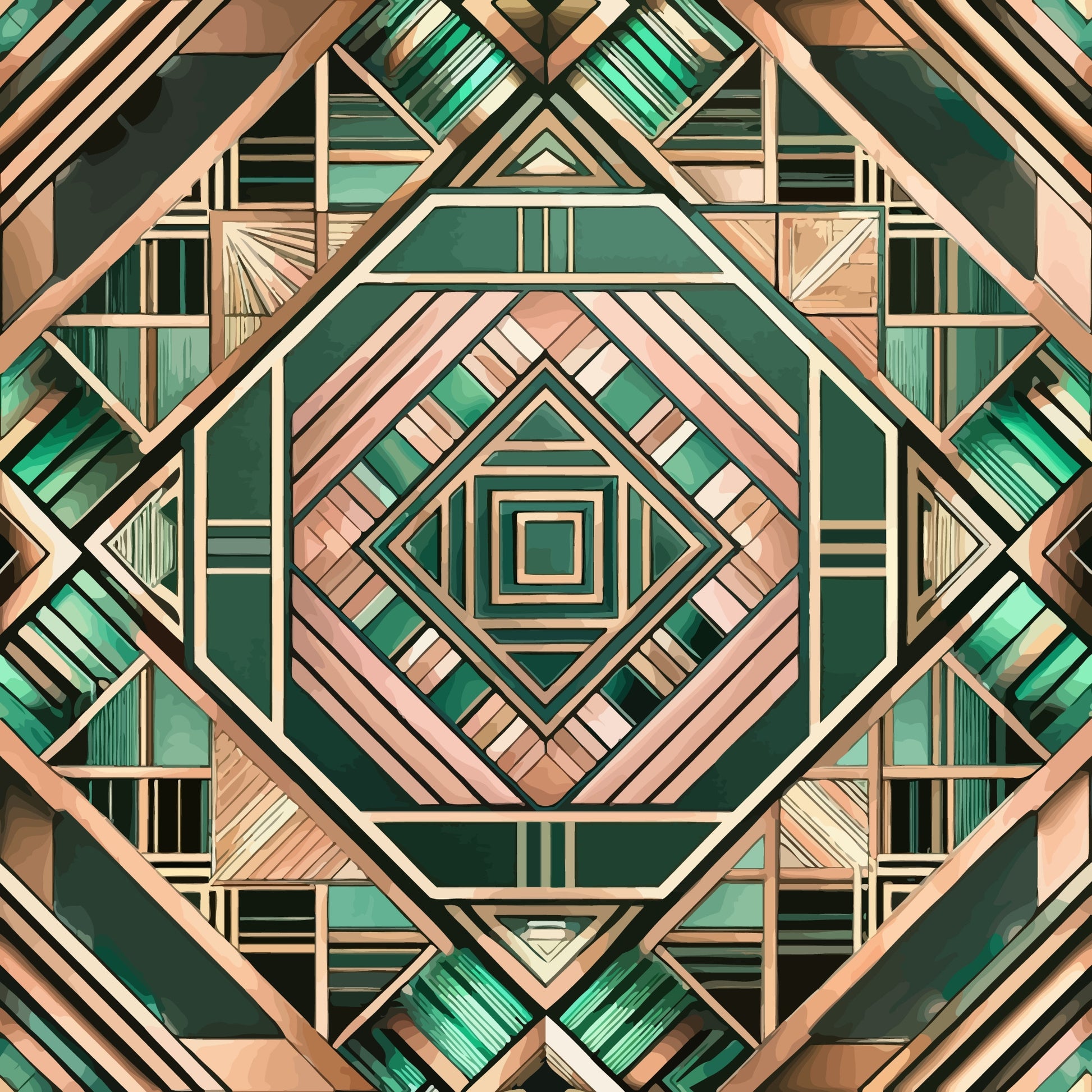 emerald green, rose gold, copper, geometric pattern, art deco, diamond motif, concentric squares, symmetrical design, metallic accents, angular lines, quilting cotton, fabric panel, modern geometric, luxurious colors, repetitive pattern, structured design, contemporary style, sophisticated palette