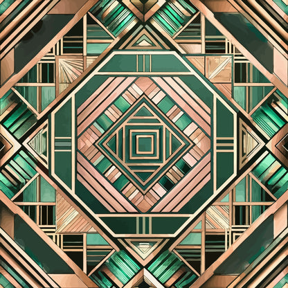 emerald green, rose gold, copper, geometric pattern, art deco, diamond motif, concentric squares, symmetrical design, metallic accents, angular lines, quilting cotton, fabric panel, modern geometric, luxurious colors, repetitive pattern, structured design, contemporary style, sophisticated palette