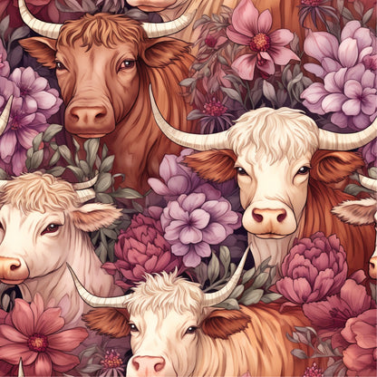 highland cows, cattle, farm animals, pink flowers, purple blooms, floral pattern, cream colored, brown cows, horned cattle, botanical design, quilting cotton, fabric panel, pastoral theme, country style, soft pastels, dusty rose, mauve tones, repeating pattern, whimsical art, gentle mood