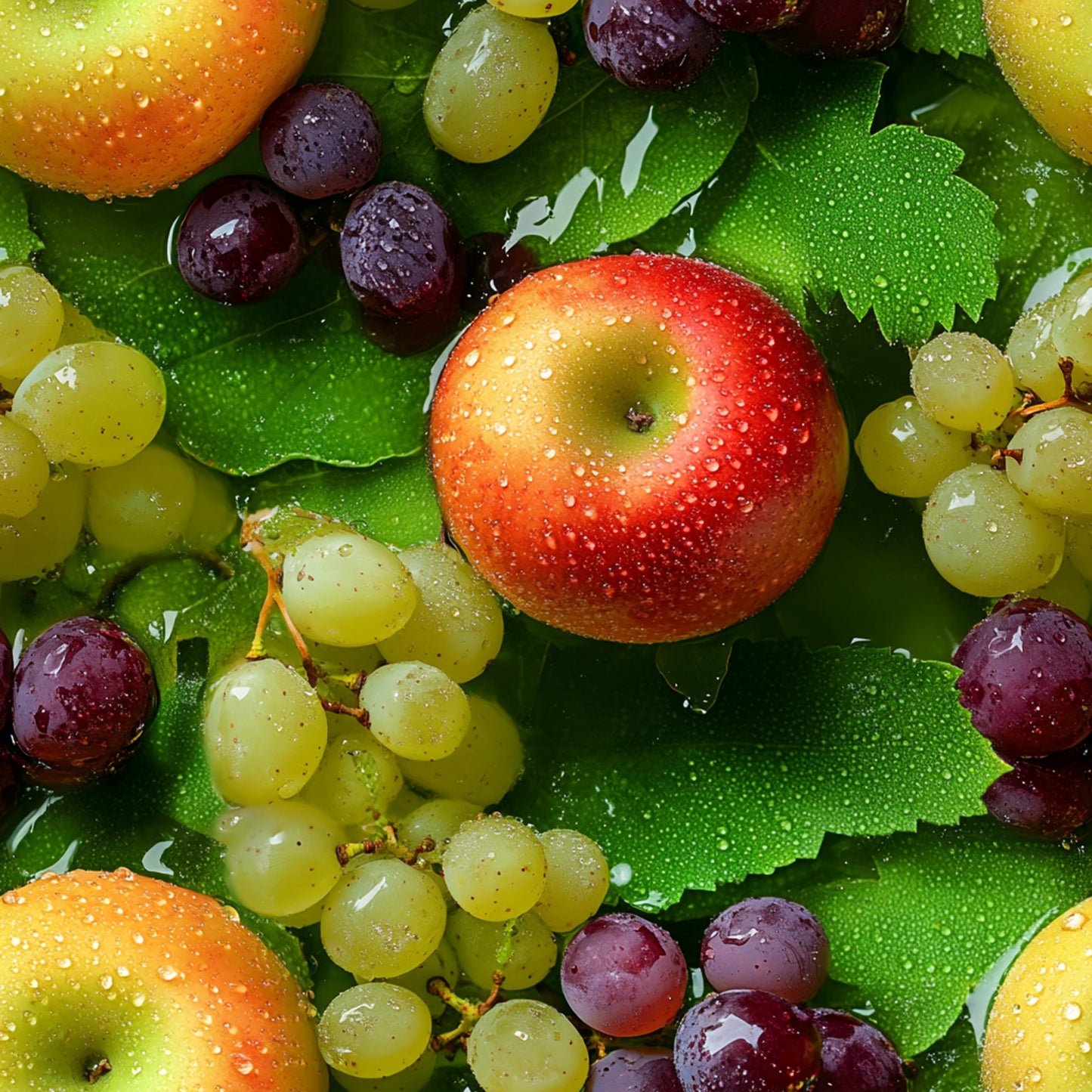 fresh fruits, apples, grapes, cherries, green leaves, red apples, purple grapes, yellow grapes, water droplets, realistic photography, vibrant colors, botanical print, quilting cotton, fabric panel, fruit pattern, harvest theme, nature design, food motif, bright greens, deep reds