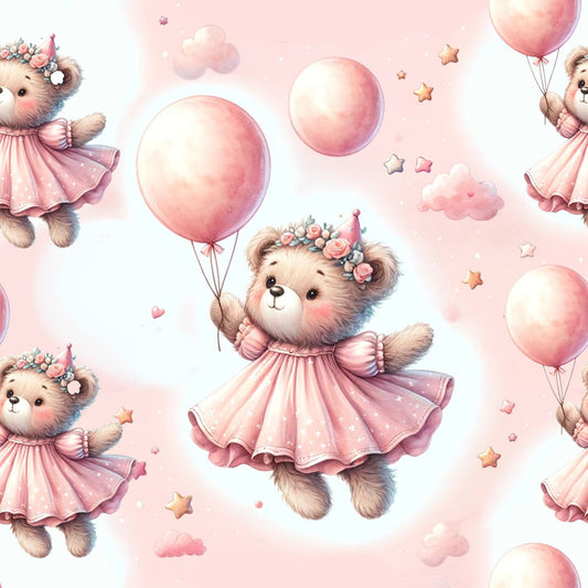 pink, blush, rose, coral, teddy bears, balloons, floral crowns, stars, clouds, hearts, whimsical, dreamy, cute, adorable, nursery, baby girl, quilting cotton, fabric panel, watercolor style, floating bears, party dress, soft pastels, children's fabric