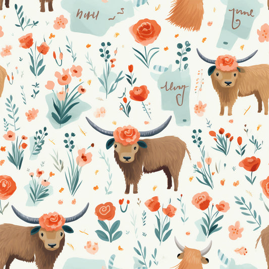 Handdrawn Highland Cows Pattern 4 Quilting Cotton Fabric