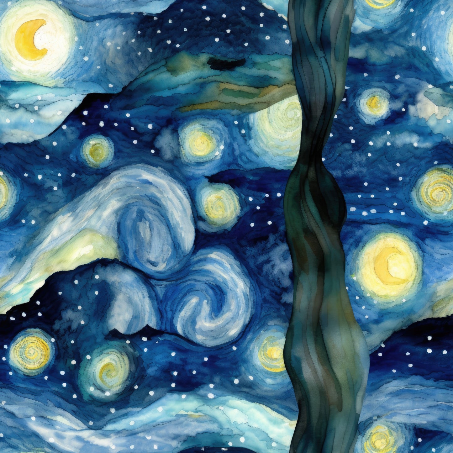 navy blue, yellow, swirling stars, crescent moon, cypress tree, night sky, post-impressionist, van gogh inspired, swirling clouds, luminous orbs, deep blue, golden yellow, white stars, dreamy atmosphere, artistic pattern, quilting cotton, fabric panel, celestial theme, flowing brushstrokes, starry night